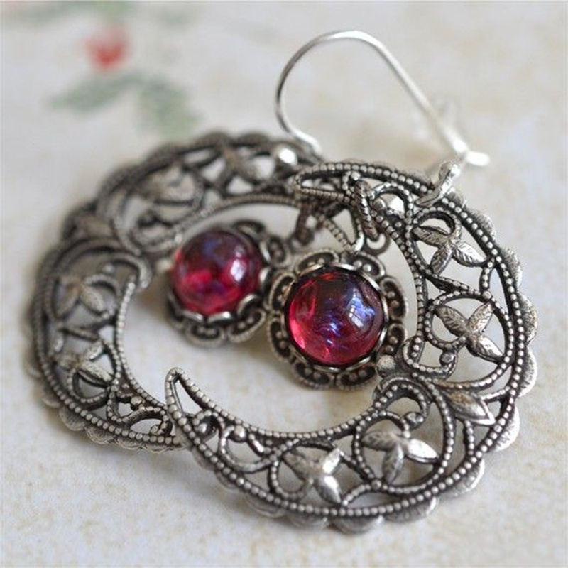 Ethnic Wear In Fashion - Vintage Inlaid Red Stone Moon Dangle
